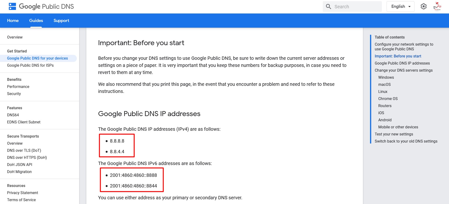 Google Public DNS IP addresses